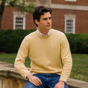 Mountain Lake Cable Knit Cotton Sweater Mens Sz L Butter Yellow Preppy Crew NEW